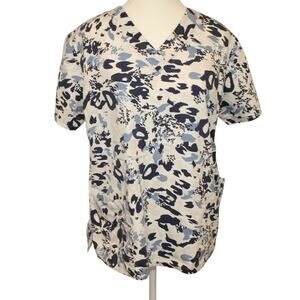 ICU Scrub Top Blue White Sz Med Abstract Animal Print Short Sleeve Cotton Good